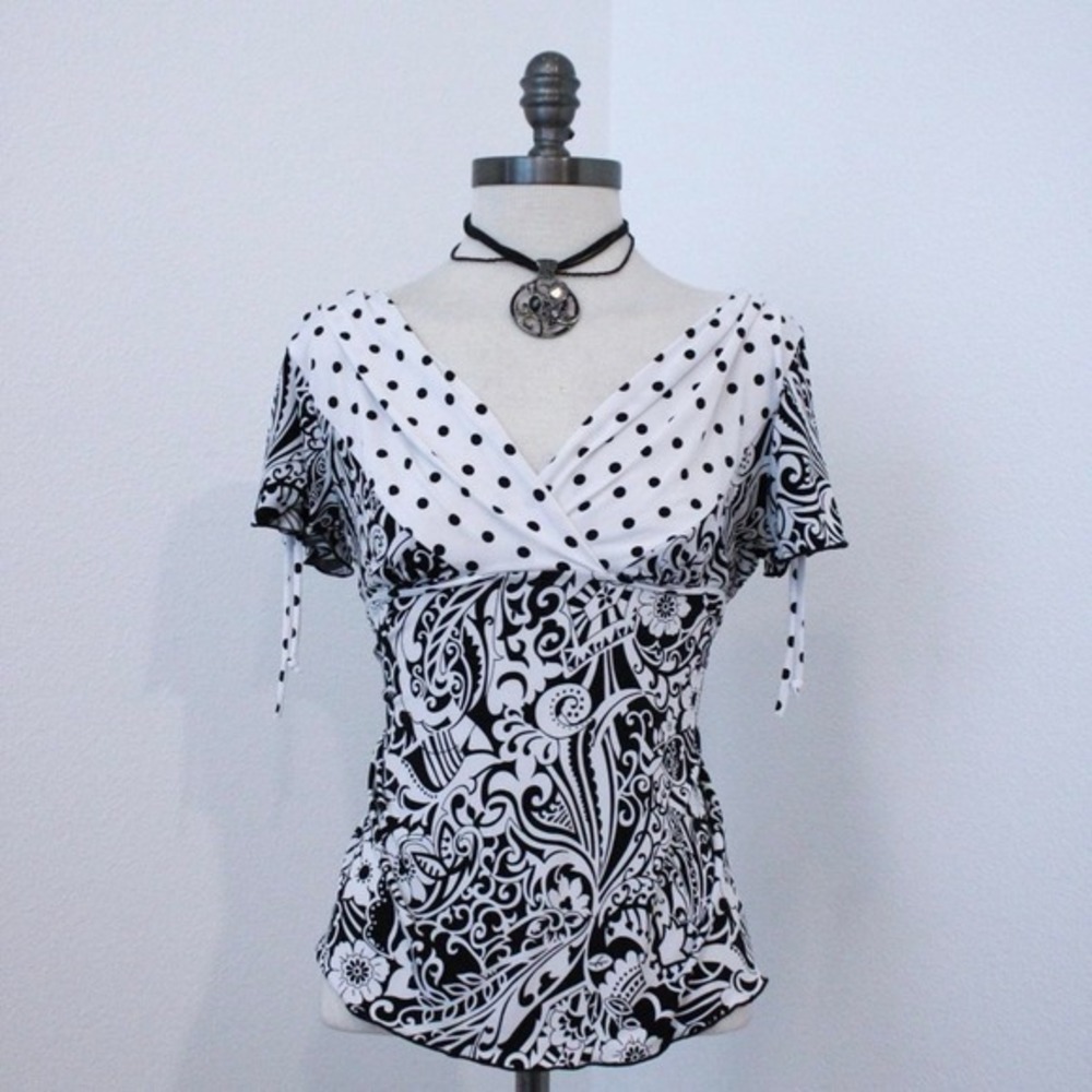Y2k vintage black and white maximalist print grunge fairy top with tie details